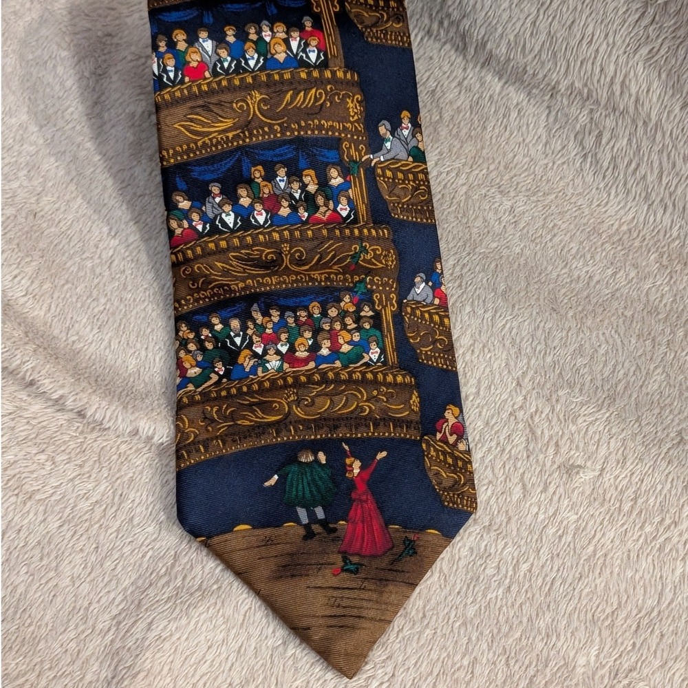 Alynn Neckwear Silk Tie Bravo Opera Theater Audience Navy Gold Novelty Vintage